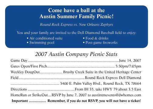 A flyer for a 2007 austin company picnic stating come have a ball at the austin summer family picnic