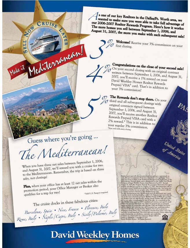 An advertisement for david weekly homes shows a passport and a map