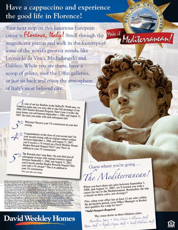 An advertisement for david weekly homes shows a statue of a man