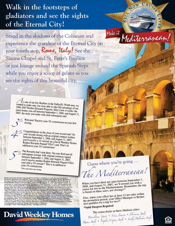 An advertisement for david weekly homes shows a picture of the colosseum