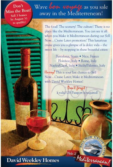 An advertisement for david weekly homes shows a bottle of wine and a glass of wine