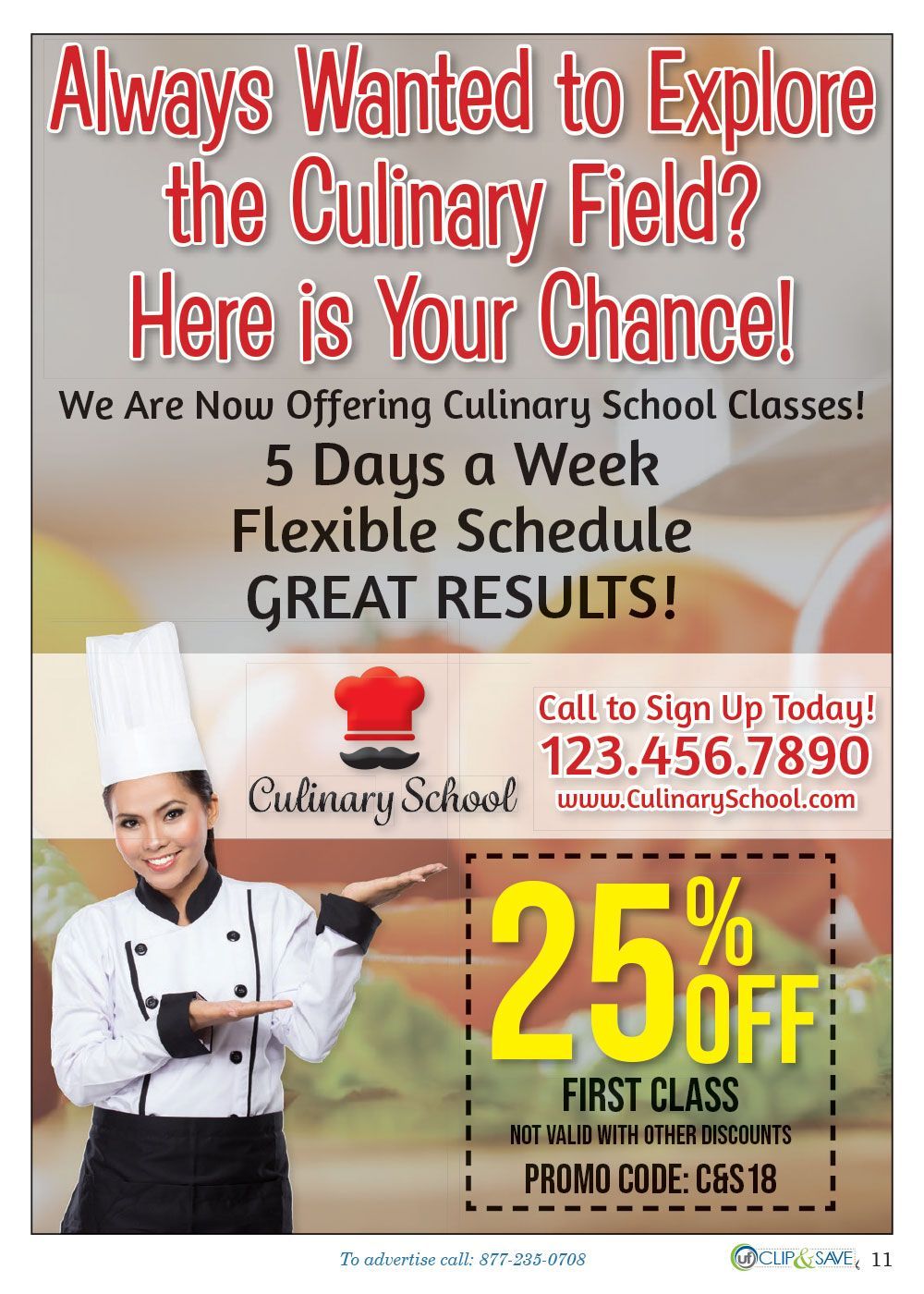 A flyer for a culinary school with a chef on it.