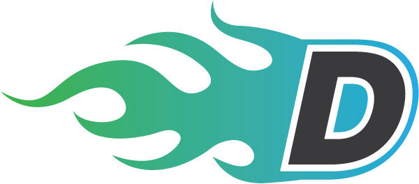 A logo with a letter d and flames on a white background.