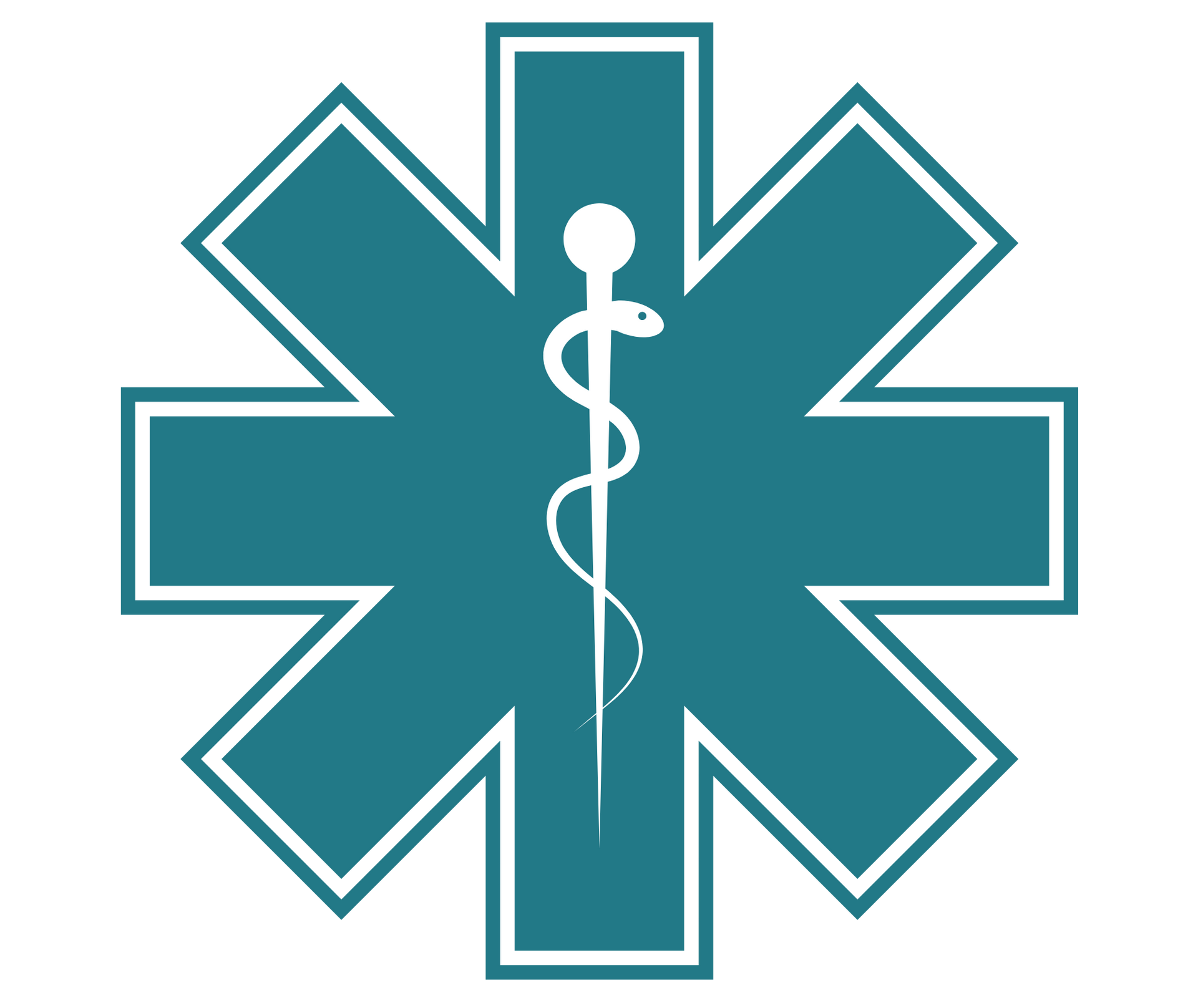 Teal star of life symbol with a white staff of Hermes.