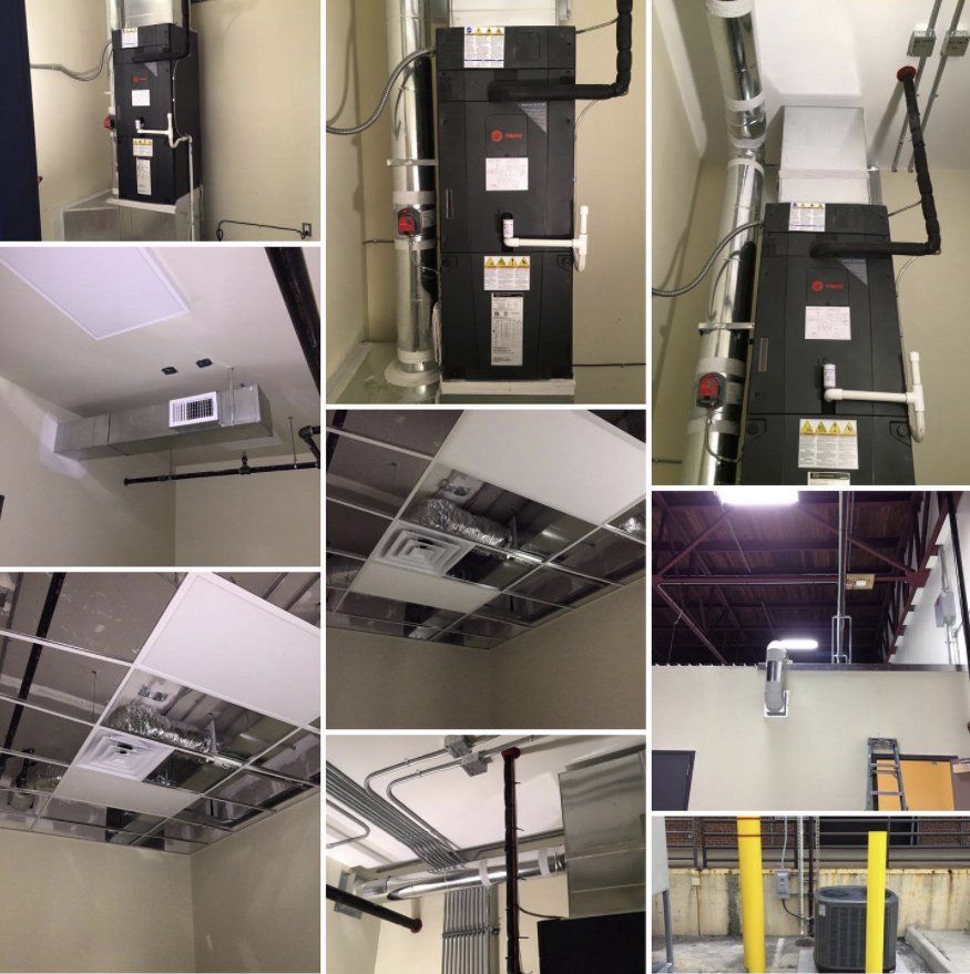 A collage of pictures of a room with a heater