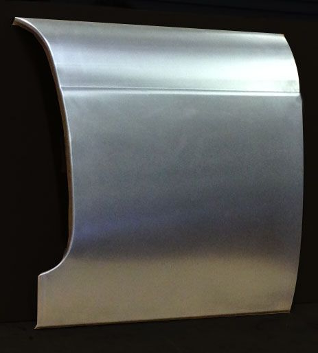 Sheet metal car door panel, silver color, with curved edges and a horizontal seam.