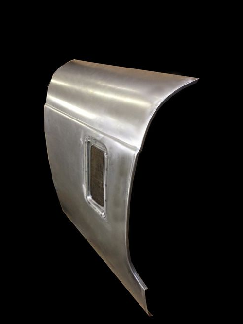 Car door panel with window cutout. Metallic silver, curved shape, isolated on black.