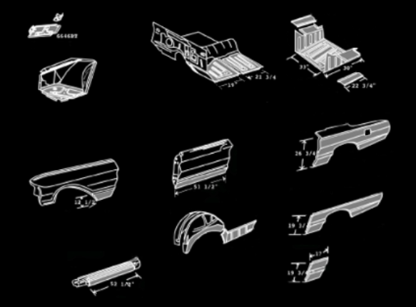 Line drawing diagram of various truck bed body parts on black background.