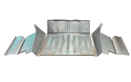 Metal oven pan, unassembled. Includes center tray and side panels.