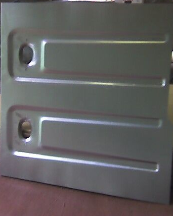 Metal plate with two horizontal recessed rectangles and two circular holes.
