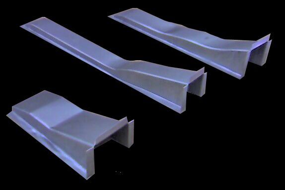 Three 3D models of gray ventilation ducts with different shapes, on a black background.