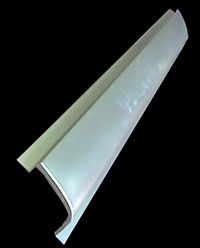 Silver car rocker panel. Curved, elongated metal piece, side profile view, black background.
