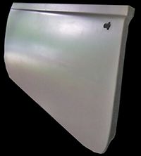Unpainted car door, silver-grey, angled against black background. A small hole is visible.
