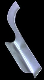 A curved, silver metal object against a black background.