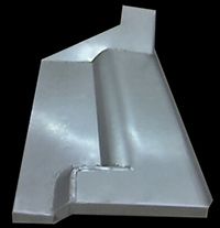 Metal panel, angled, with a raised central section and a perpendicular rectangular extension.