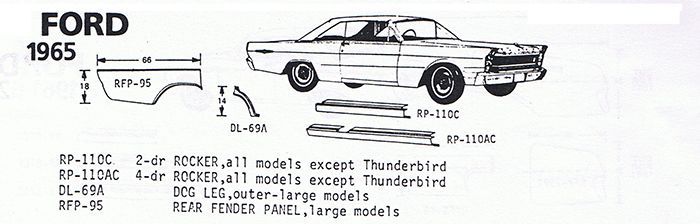 Diagram of a 1965 Ford car with illustrations of body parts and corresponding part numbers.