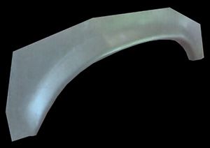 Metal car fender, curved and gray, against a black background.