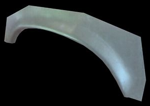 A gray metal fender for a vehicle, showing an arch and angled edges.