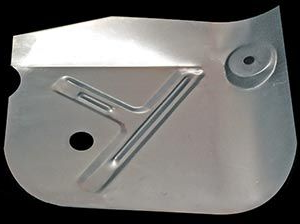 Stamped metal car floor panel with raised Y-shaped reinforcement, a hole, and a circular raised feature.