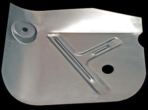Metal car part with structural reinforcements and holes, against a black background.