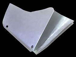Silver metal corner piece with angled sides and two holes.