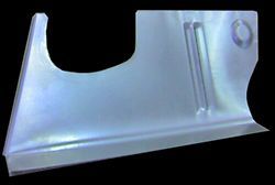 Metal car body panel, possibly a rocker panel, with curved shape, a hole, and two ridges.