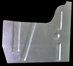 Metal floor panel with raised ribs and a circular hole.