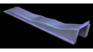 A three-dimensional blue and gray abstract shape against a black background.