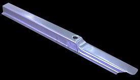 Silver metal car rocker panel with rectangular and angled sections, and a single hole.