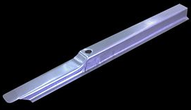 Metallic, elongated car part with a curved edge, a hole, and ridges.