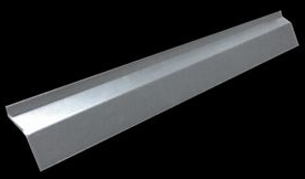 Metal rain gutter piece. Angled shape. Grey color.