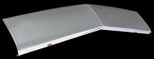 Bent, silver-colored metal component with a white border, possibly a part of a vehicle.