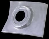 Metal roof flashing with circular opening.