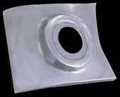 Lead flashing with a circular pipe collar, against a black background.