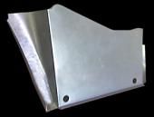 Silver metal car part. Angular, with a flat face and folded edges. Two black fasteners visible.