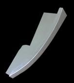 Gray curved metal car part on black background.