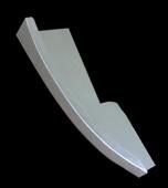 Silver, curved metal piece with an angled section, against a black background.