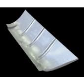 Sheet metal component with three raised ridges, angled on black background.