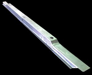 Silver metal car body rail, angled, with rectangular and angled sections, against a black background.