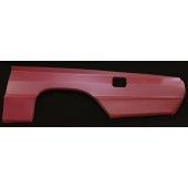 Red car body panel, likely a quarter panel, against a black background.