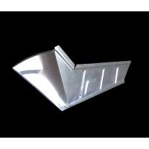 A silver metal car body panel with angled sections and vertical slots, against a black background.