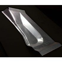 A shiny, metallic car part, a floor pan, angled on a dark surface.