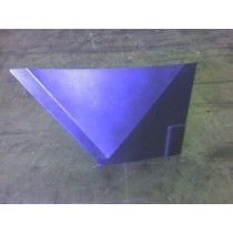 Blue geometric triangular object with a small rectangular attachment, on a gray surface.