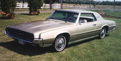 Red Ford Thunderbird coupe on a grassy field.