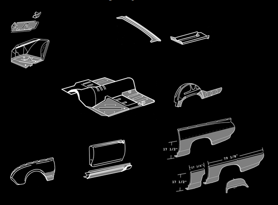Exploded view of car body panels, showing various parts, white lines on black background.