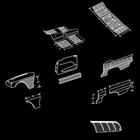 Diagram of various car body panels, likely for restoration or repair.