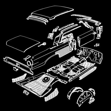 Exploded diagram of a classic car, showing various body panels and components in white on black background.
