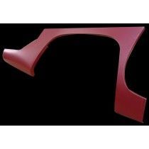 Red car fender with angular design, against a black background.