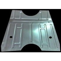 Metal car floor panel with stamped support ridges.
