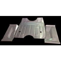Steel car floor pan and side panels, flat and ready for installation.